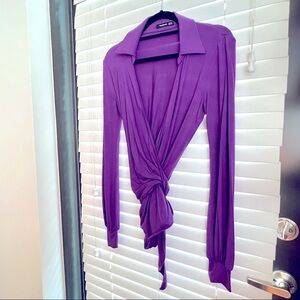 Patty Boutik Purple Collared Wrap Tie Long Sleeve Blouse Top!